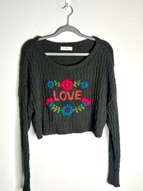 Natural Life Embroidered Bohemian Cropped Sweater Love Hippie Boho Festival Sz M